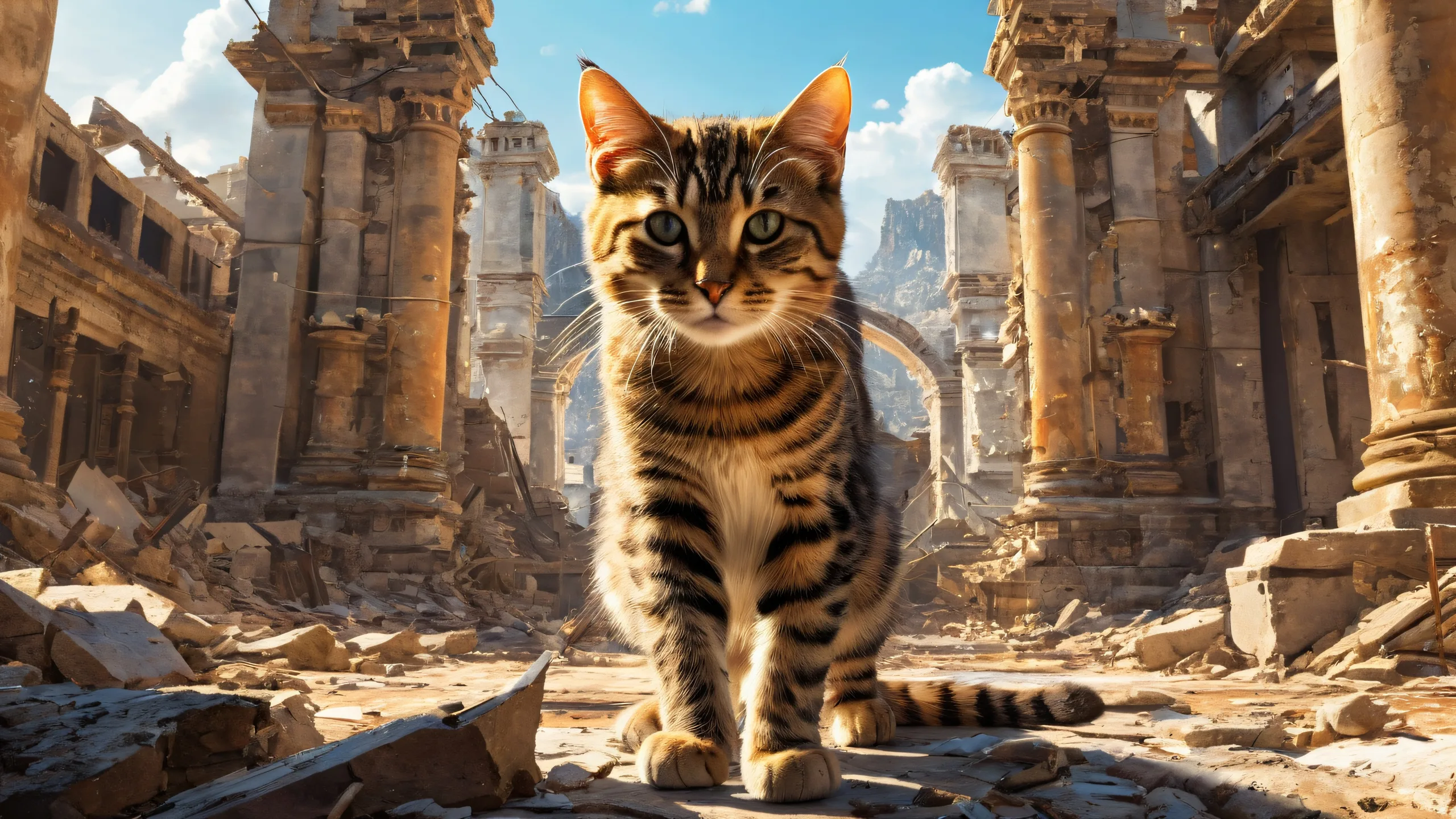 A beautifully crafted desktop background featuring a feline warrior amidst post-apocalyptic ruins on a clean void, perfect for your Desktop/PC.
