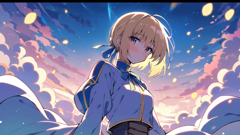 A lone girl gazes out at the viewer from a perfectly clean vast pure void, surrounded by an expanse of white and soft pink hues on a desktop/pc.