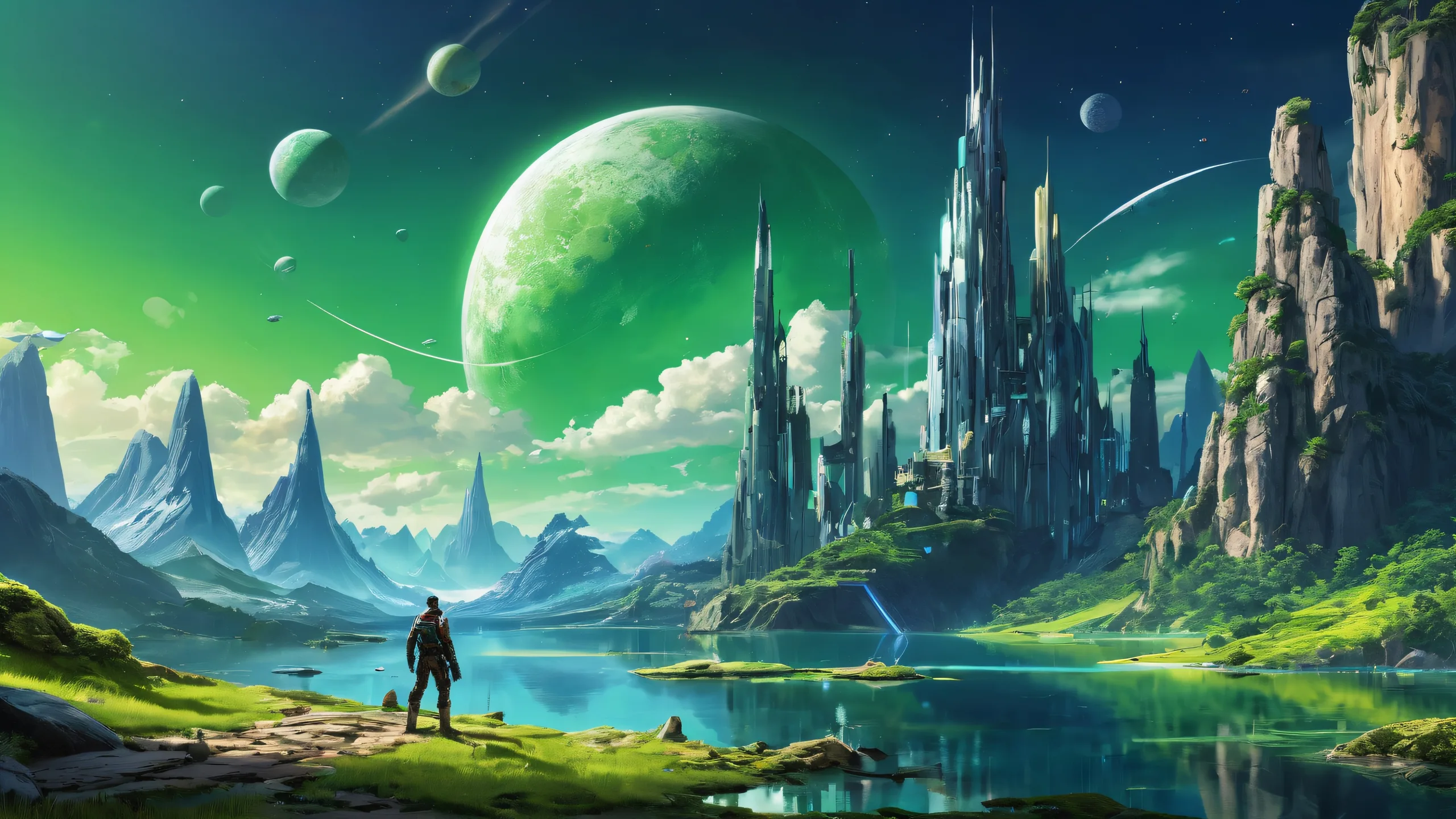 A futuristic desktop scene of video game characters set against a vast pure void for your PC or Desktop