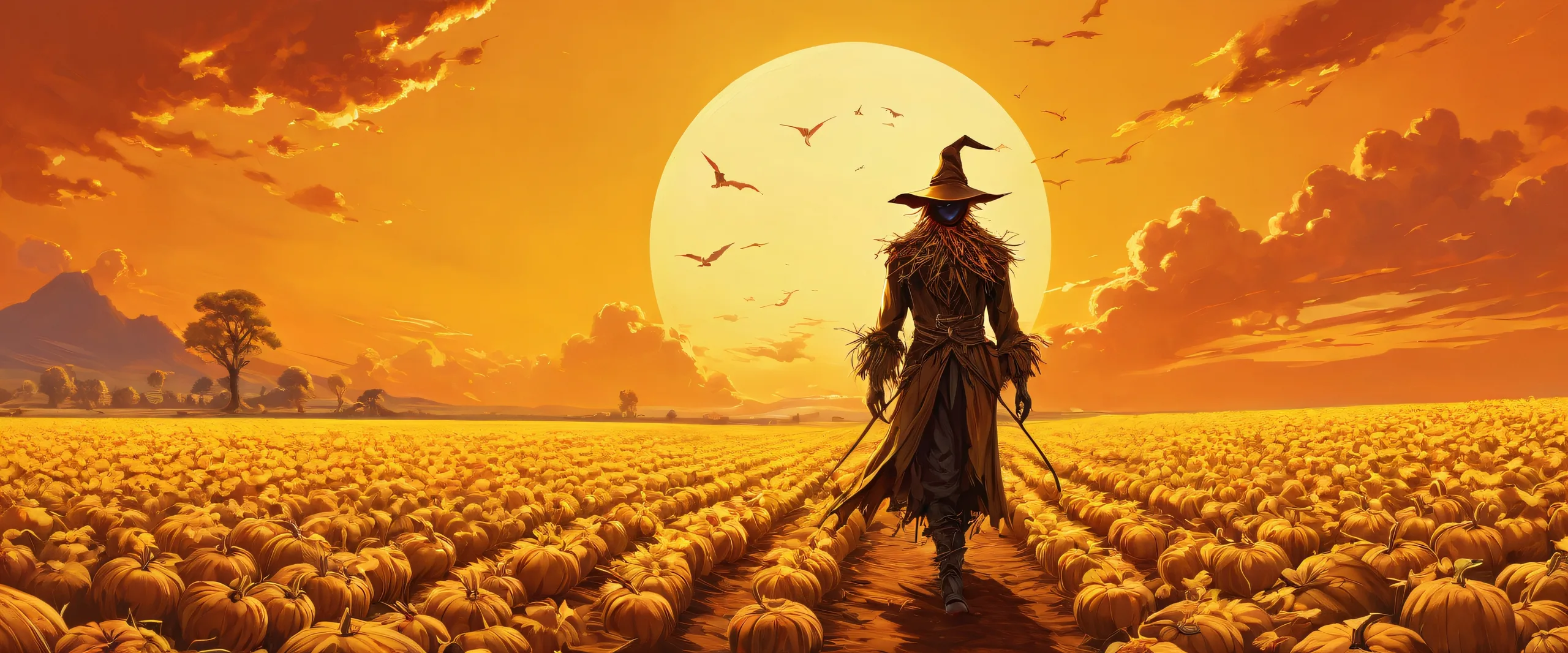 A serene sentient scarecrow stands amidst a vast, pure void on a desktop or PC.