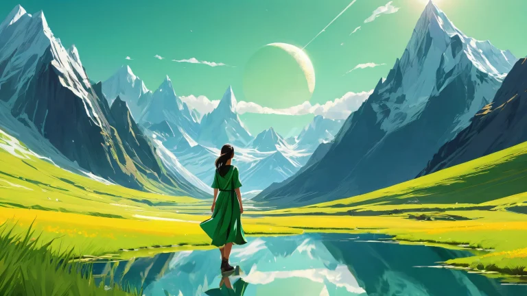 A serene desktop scene of a girl standing amidst vast mountains and a giant sun on a clean void, suitable for Desktop/PC use.