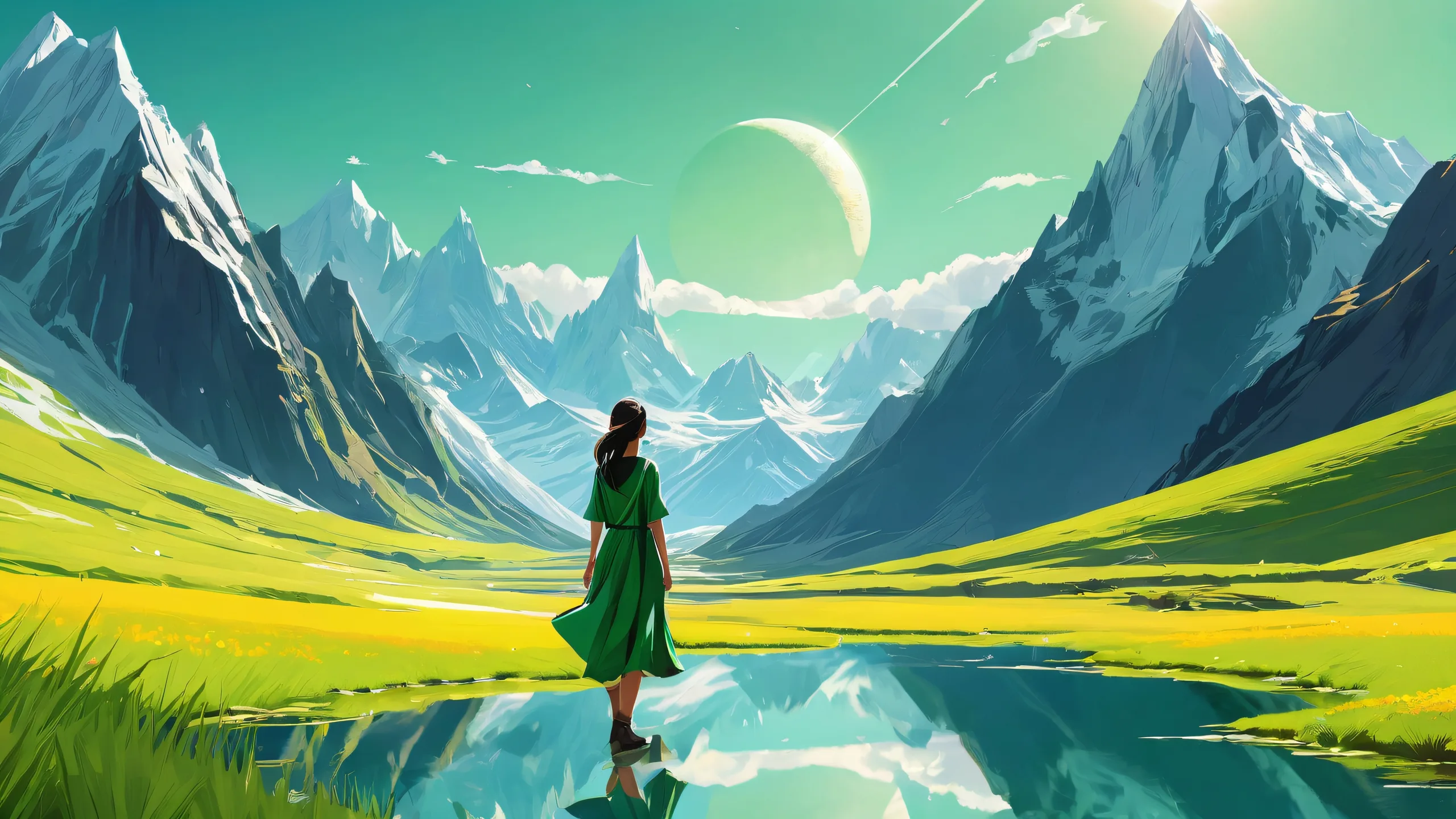 A serene desktop scene of a girl standing amidst vast mountains and a giant sun on a clean void, suitable for Desktop/PC use.