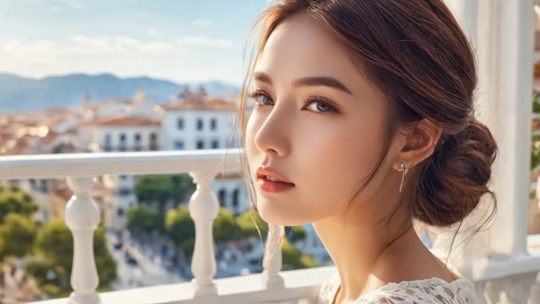 A beautiful desktop wallpaper of a woman in a pure void with subtle balcony reflections, ideal for a PC or Desktop.