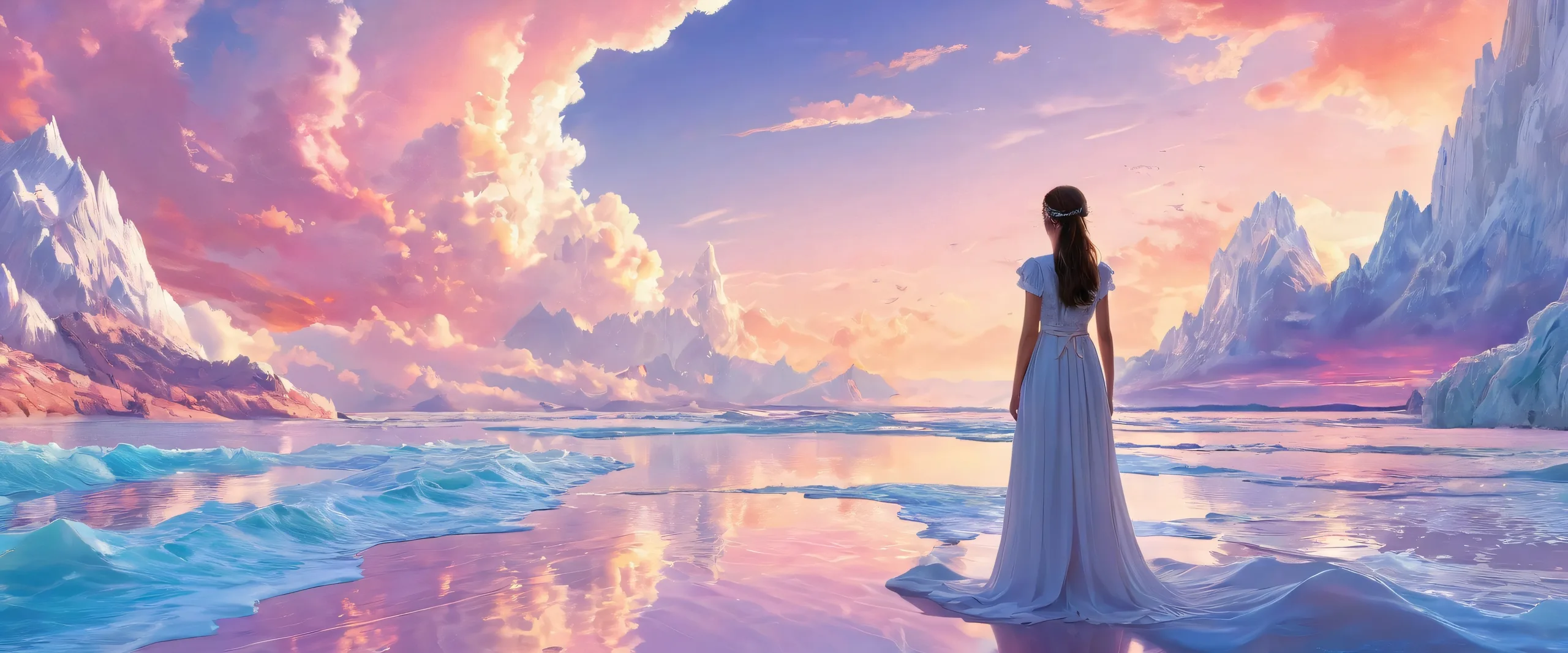 A beautiful maiden stands in front of a perfectly clean vast pure void, ideal for desktop/PC backgrounds.