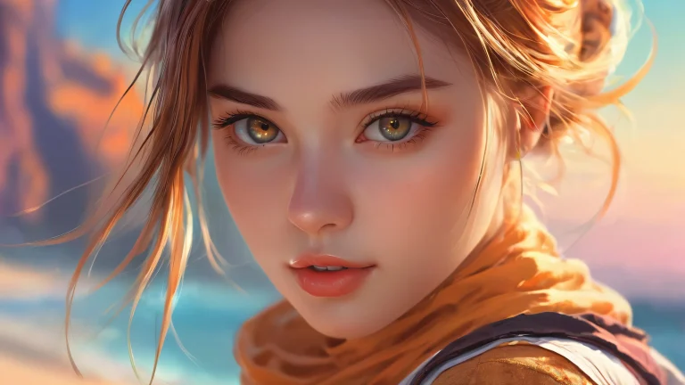 Girl in a pristine void with radiant colors and reflections on a desktop or PC screen.