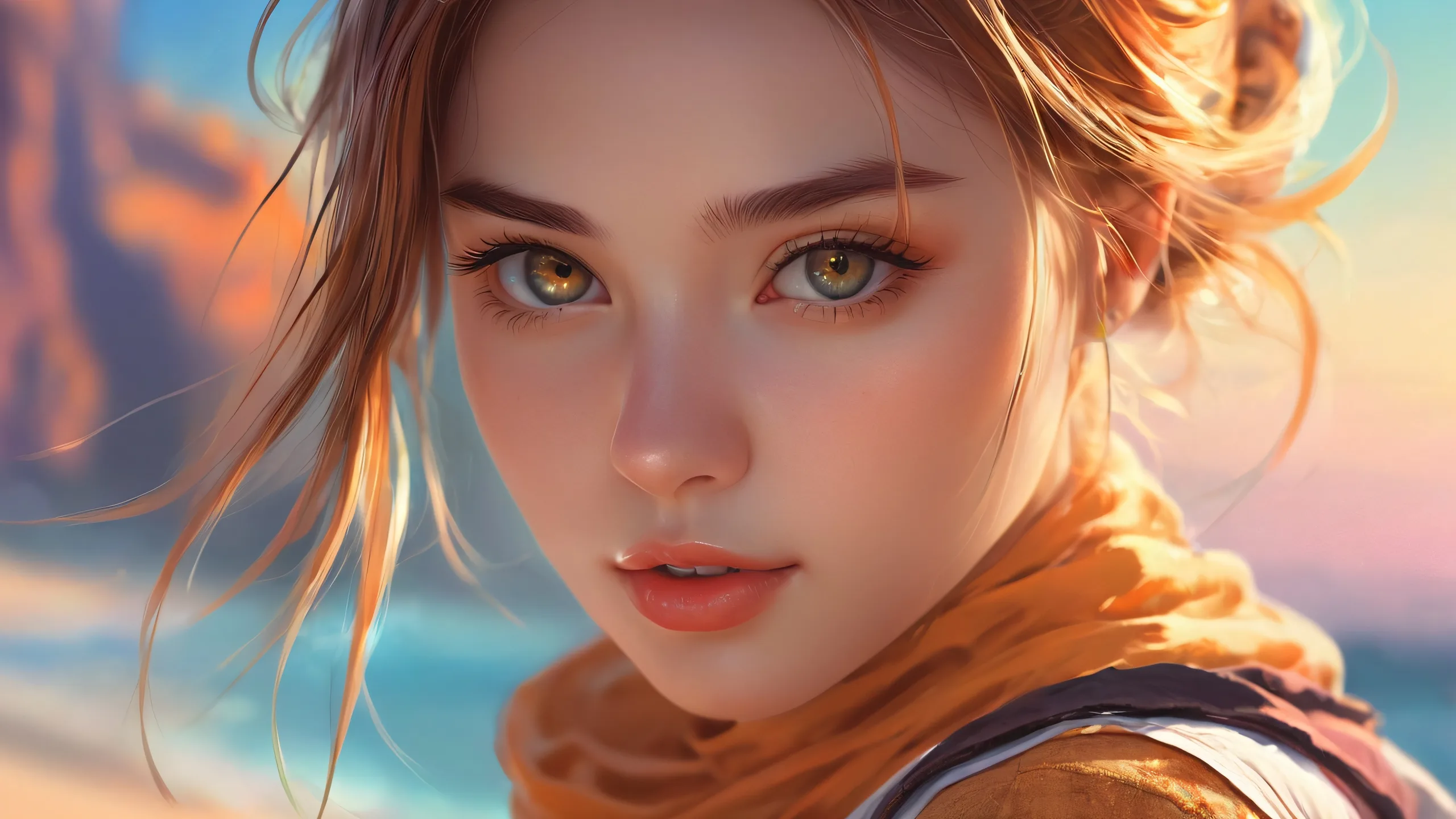 Girl in a pristine void with radiant colors and reflections on a desktop or PC screen.