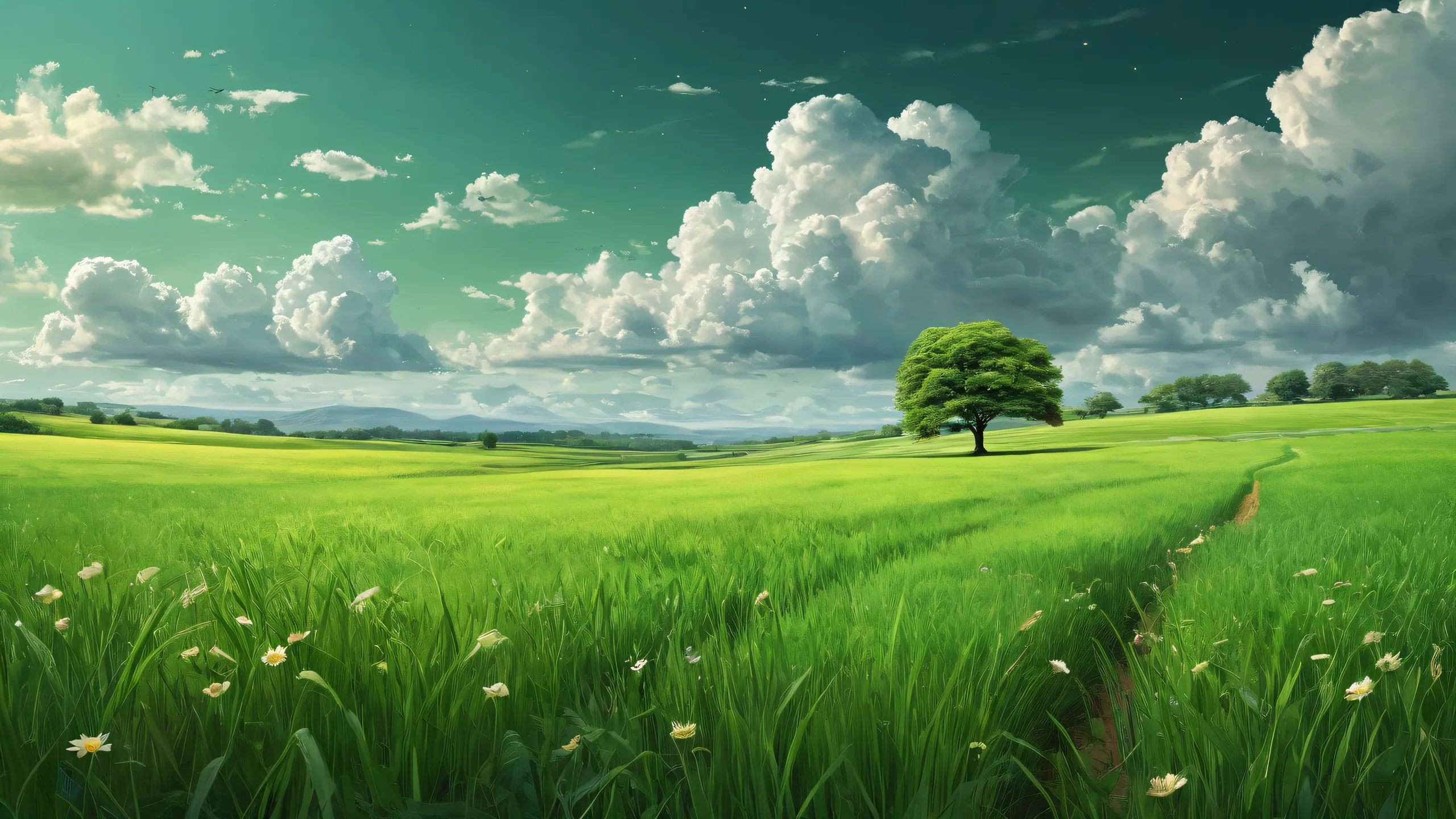 A beautiful desktop scene of a lone child in a vast, pure void with desaturated greens and ethereal lighting.