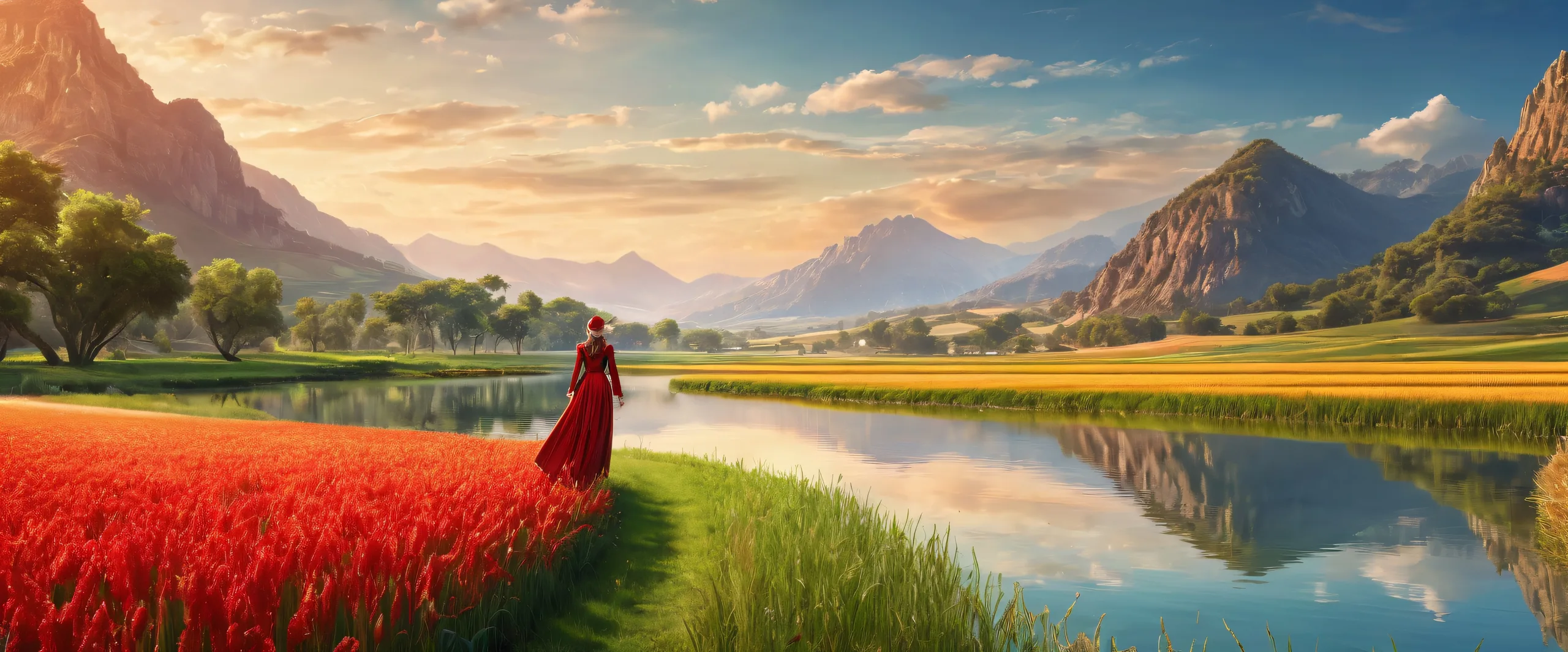 Desktop/PC wallpaper featuring Elf Girl in a serene atmosphere with a lake and wheat fields in the background, offering a breathtakingly clear and detailed image.