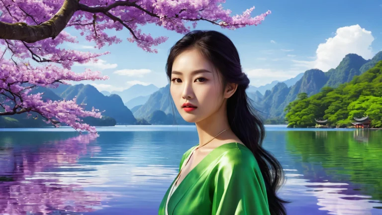 Asian woman in a pristine void with a glittering lake and radiant lighting, perfect for desktop/pc backgrounds.
