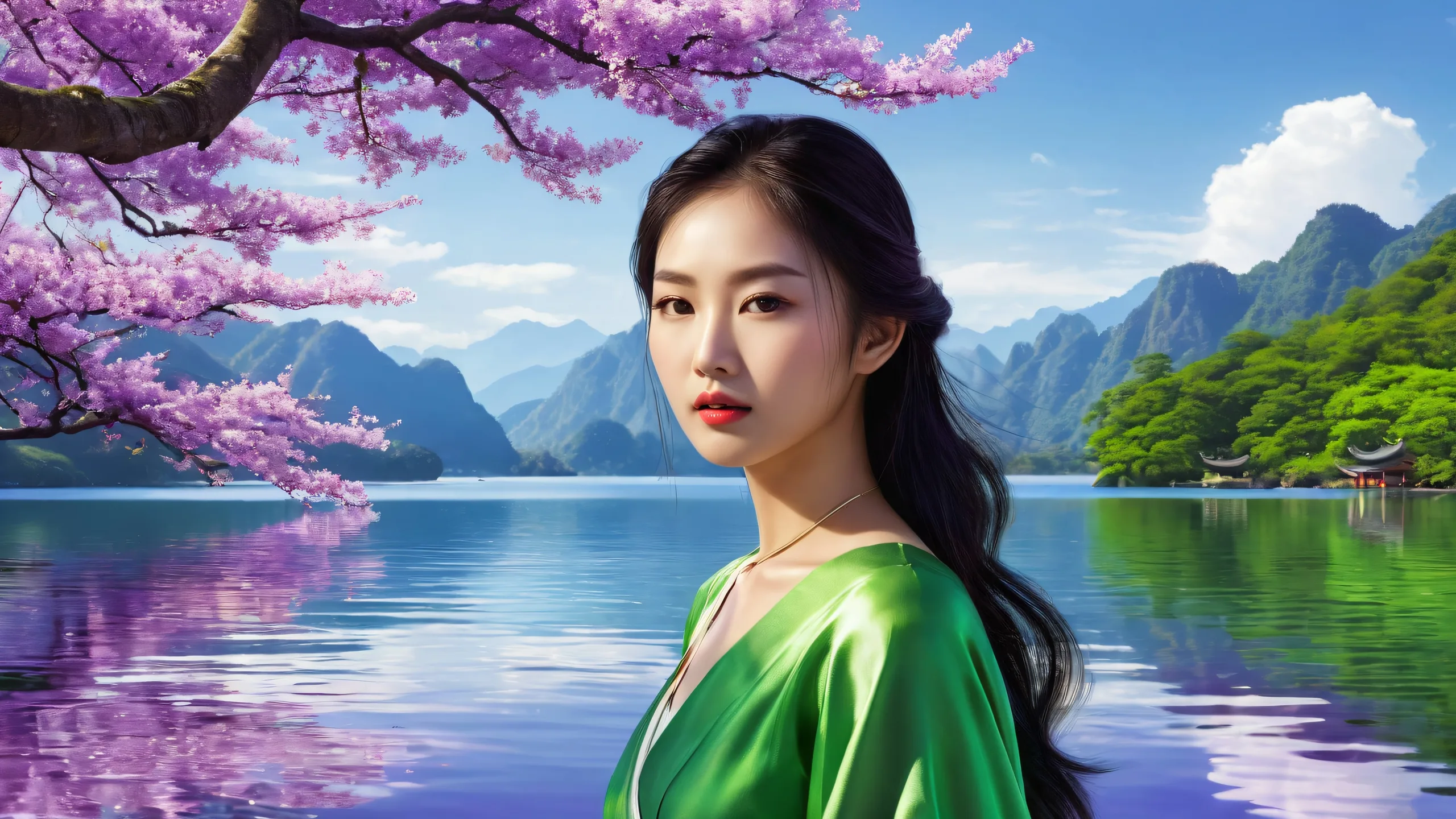 Asian woman in a pristine void with a glittering lake and radiant lighting, perfect for desktop/pc backgrounds.