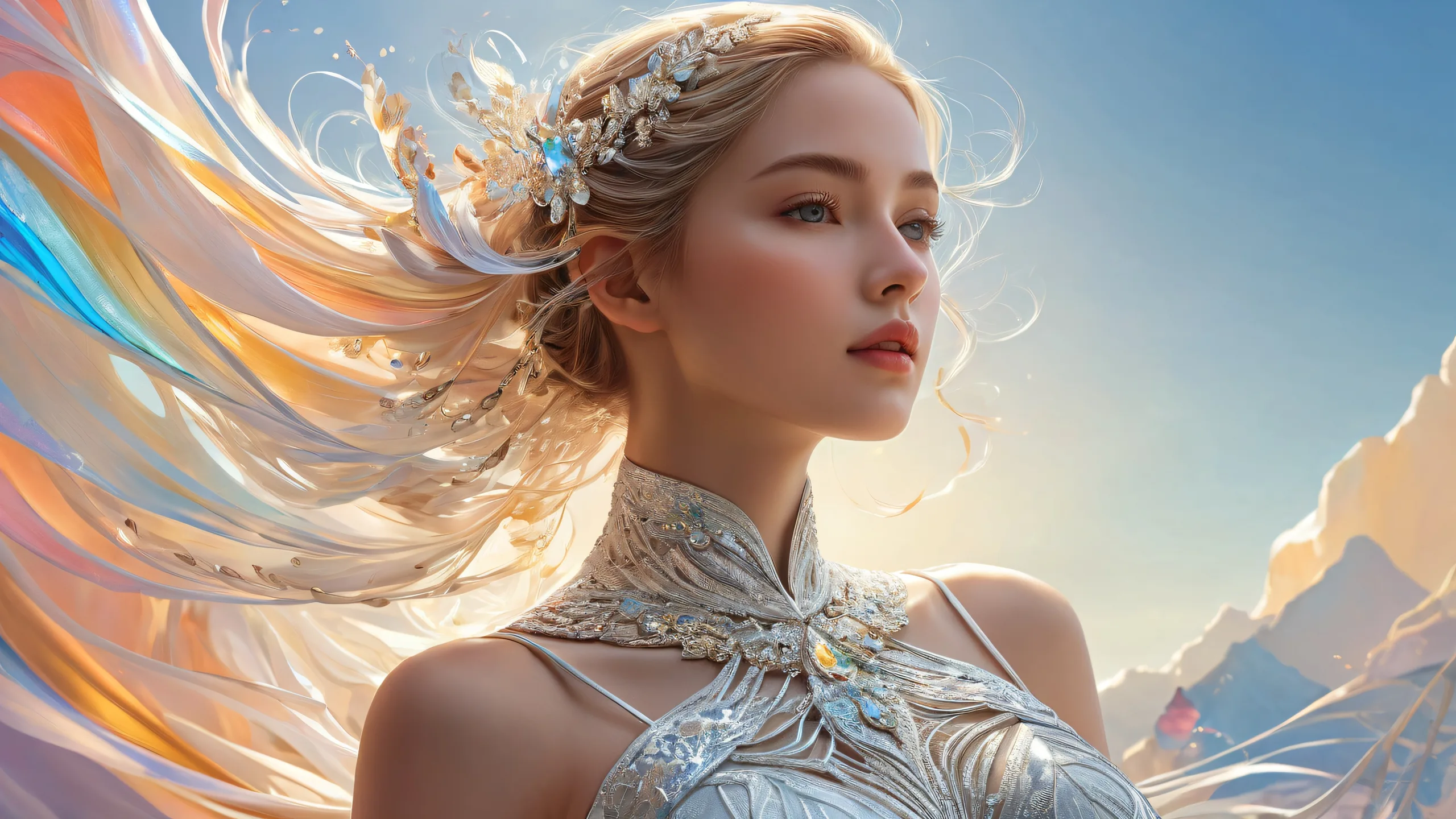 A stunning female figure set against a vast pure void with subtle noise for added realism, perfect for desktop/PC use.