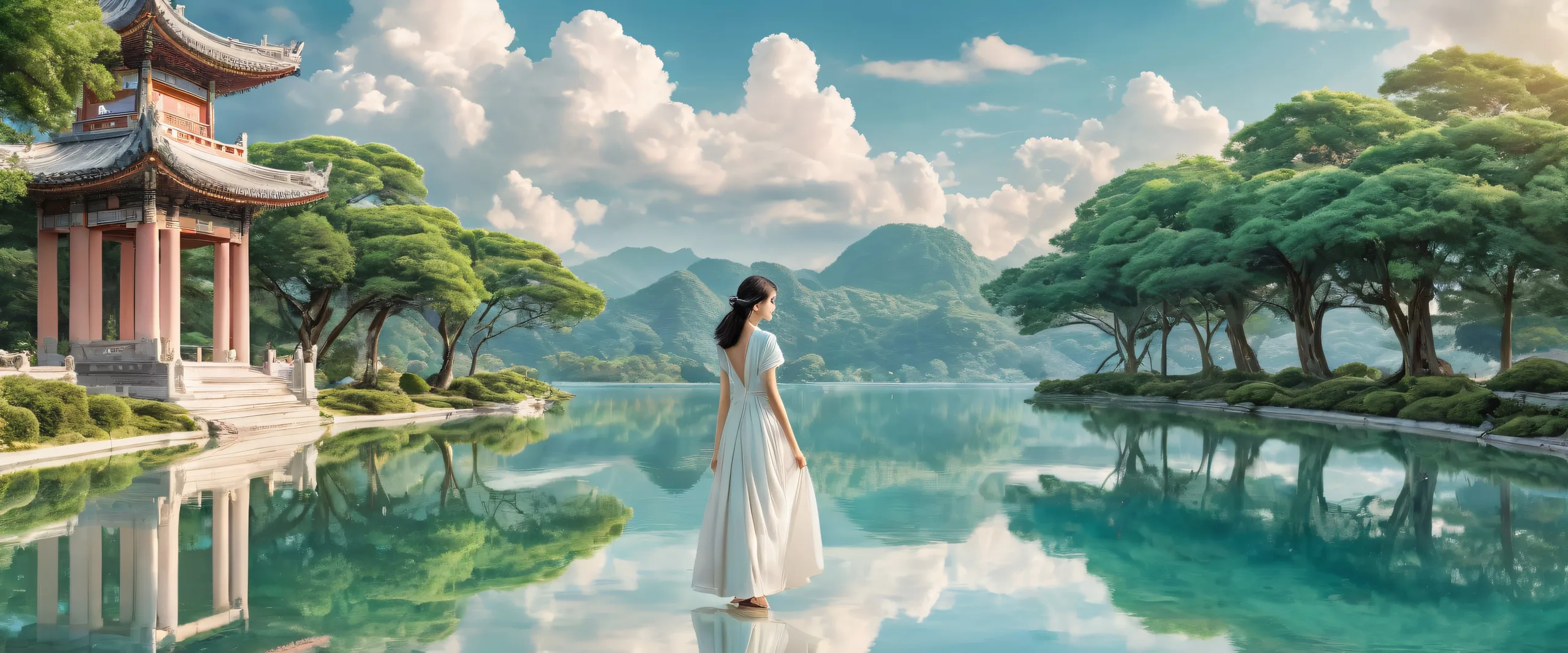 A serene desktop scene featuring a woman in the distance on a vast pure void with Asian architecture, clouds, and trees against ethereal lighting.