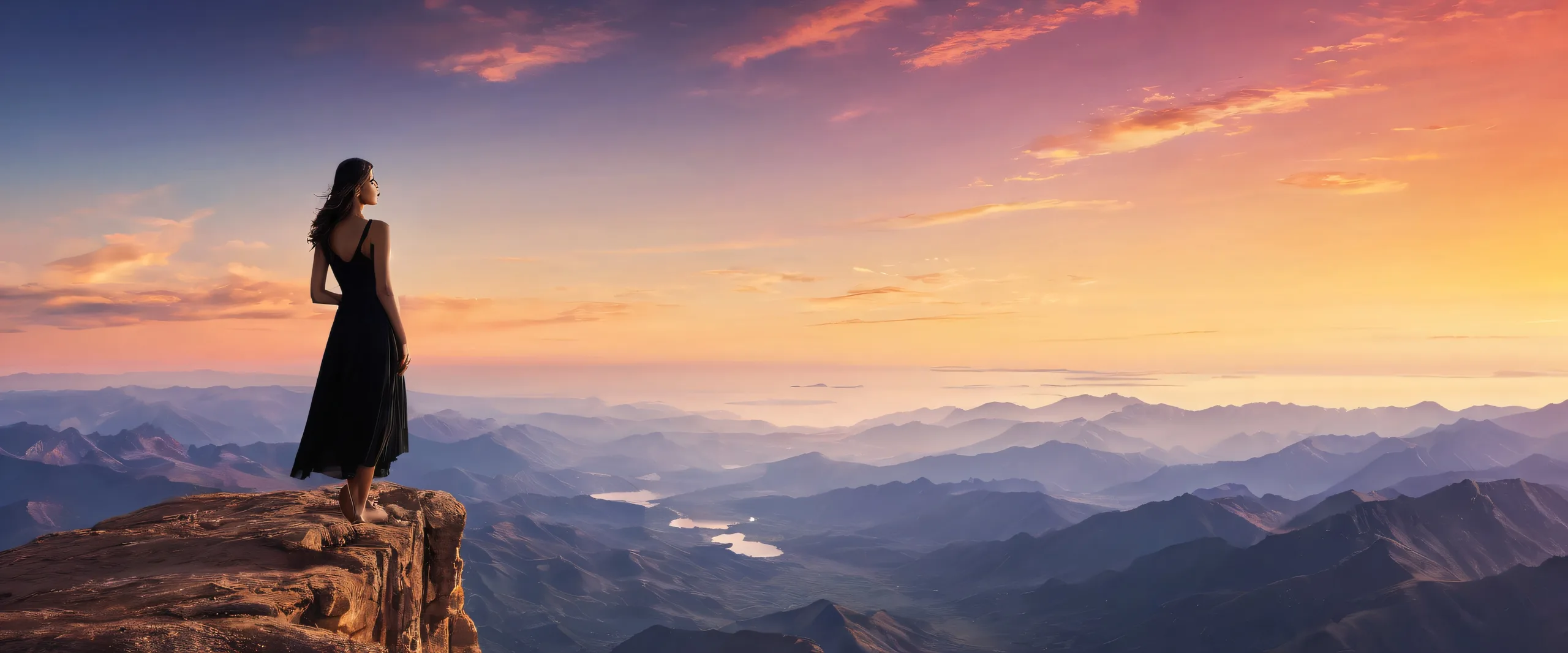 A peaceful fantasy desktop scene featuring a woman amidst a vast, pure void with stunning vistas, perfect for PC or Mac screens.