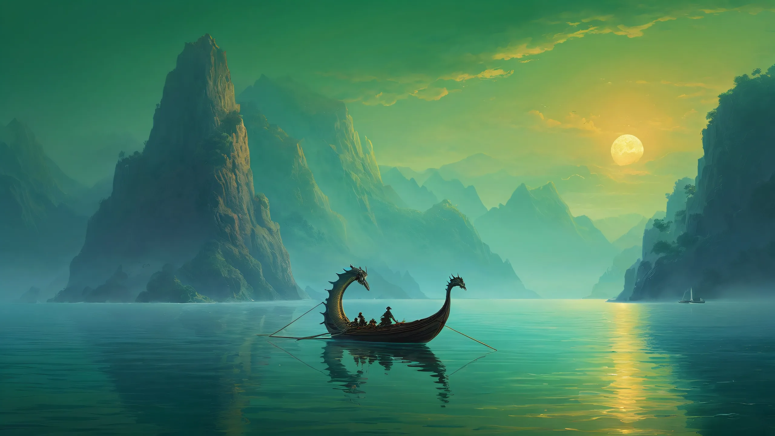 A prehistoric sea serpent glides across a pristine void on a rowboat, perfectly centered and radiating melancholy, suitable for desktop/pc