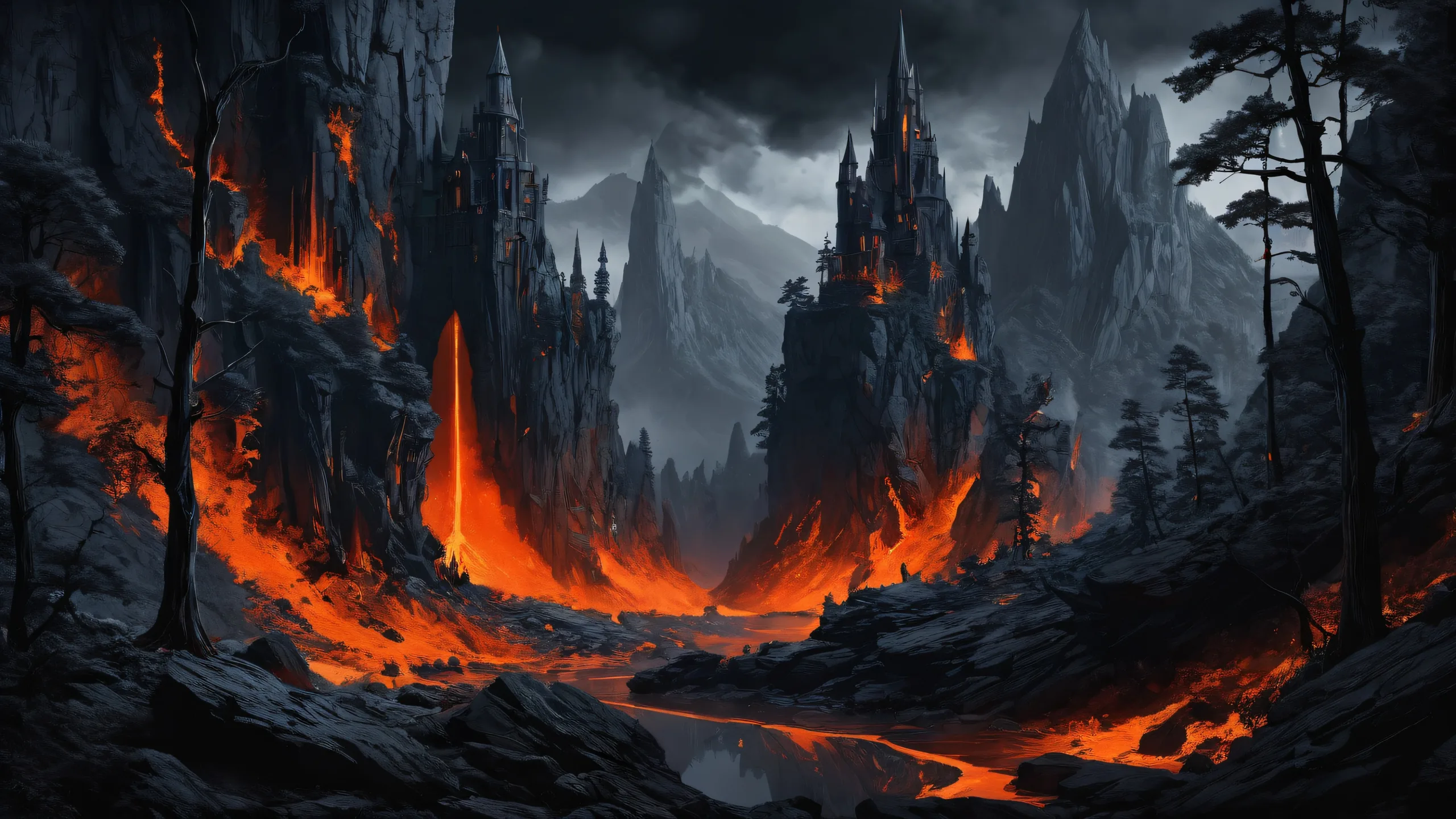 A dark fantasy desktop scene with a wizard, smoke, and ancient ruins on a dark blue-gray background for Desktop/PC