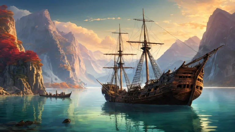 A stunning desktop image of a shipwreck scene for PC or Desktop, featuring an eerie lake or foggy mountains in the distance.