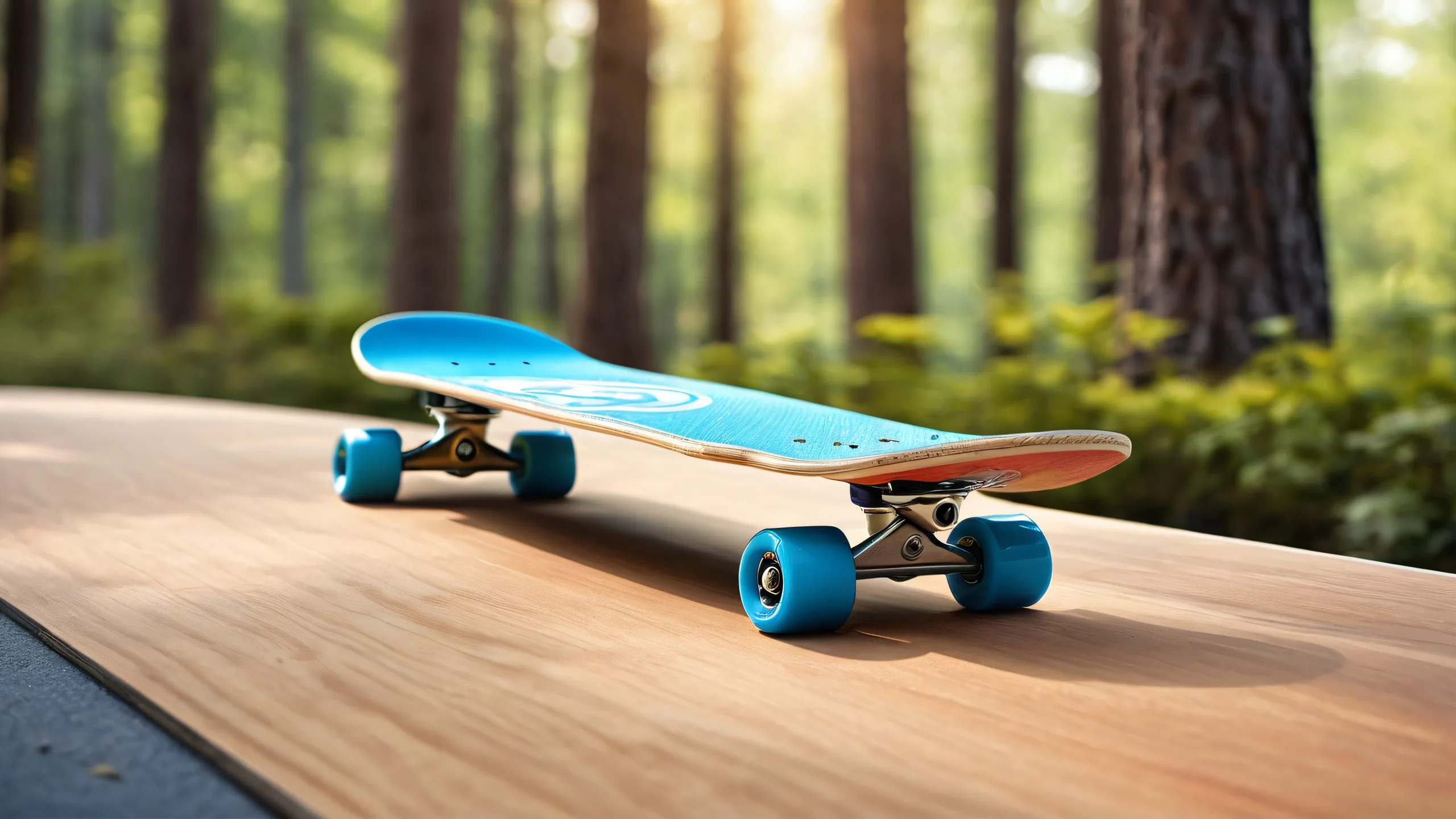 A serene desktop image of a skateboard on a vast, pure void with trees and wood elements in extreme depth of field, perfect for your PC or Desktop.