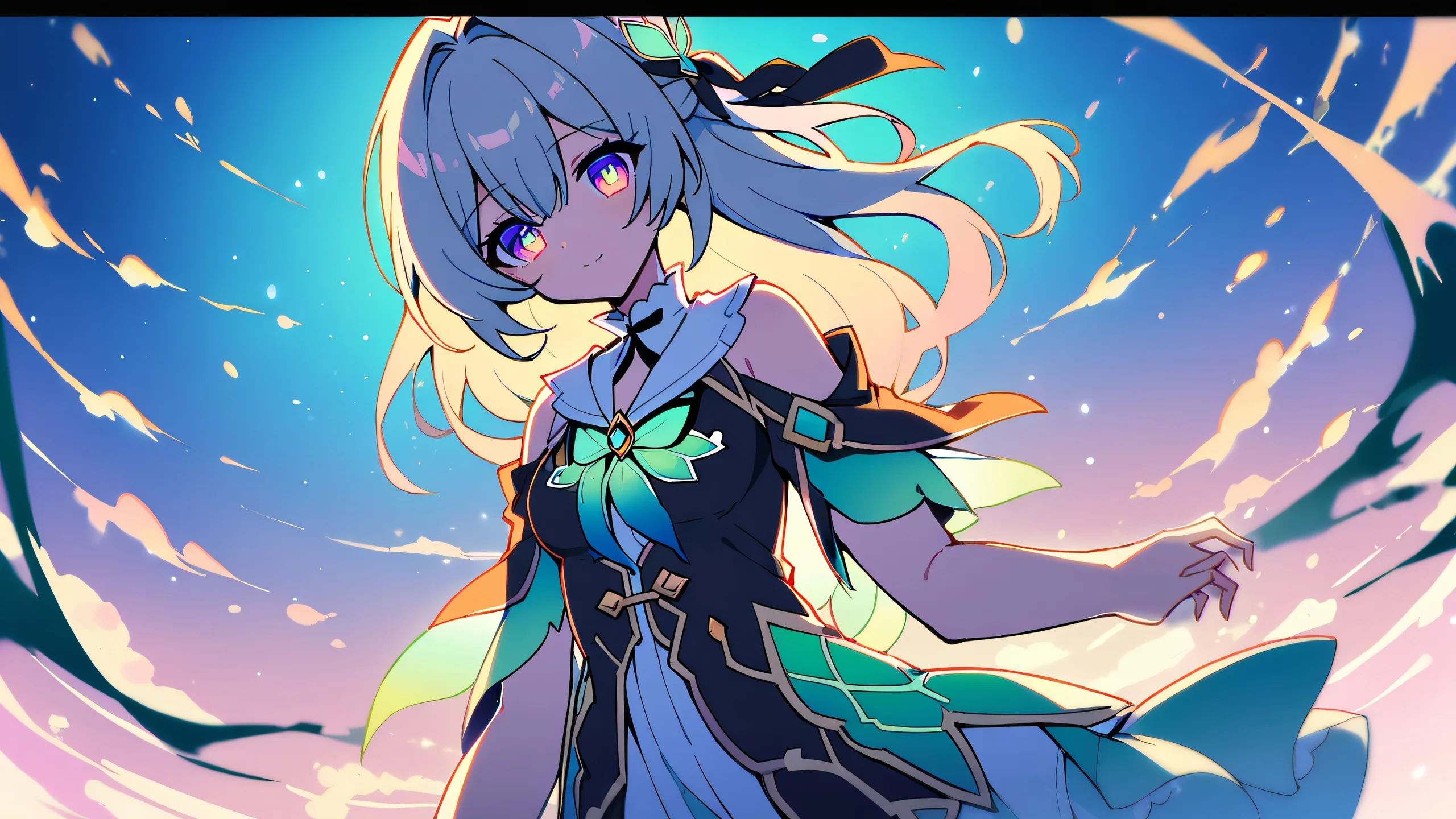 A girl gazing at the viewer against a vibrant, polka dot background on a clean and vast void, perfect for a desktop/pc wallpaper.