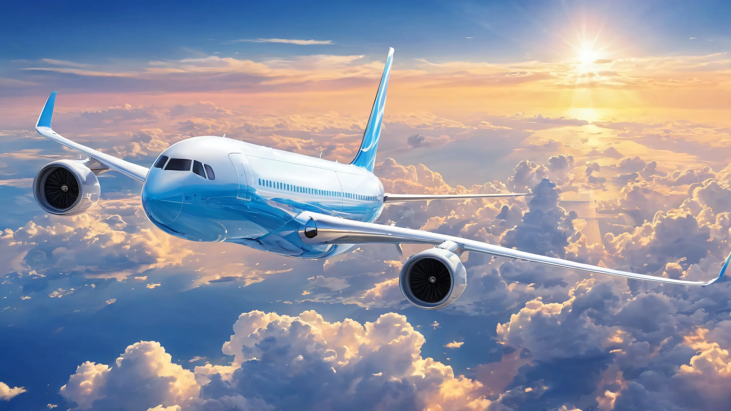 Airplane in pristine void with extreme depth of field, clouds and sky for desktop/pc use.