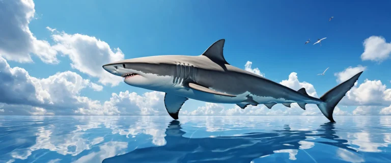 Desktop/PC wallpaper featuring a shark in a vast, pure void with clouds and architecture in the background, showcasing exquisite depth of field and radiant lighting.