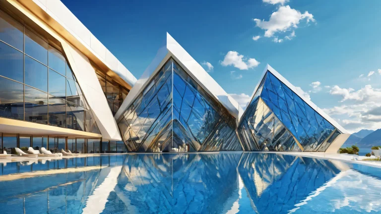 A stunning desktop wallpaper featuring a building set against a vast pure void with extreme depth of field, perfectly rendered sky and radiant colors for a desktop or PC.