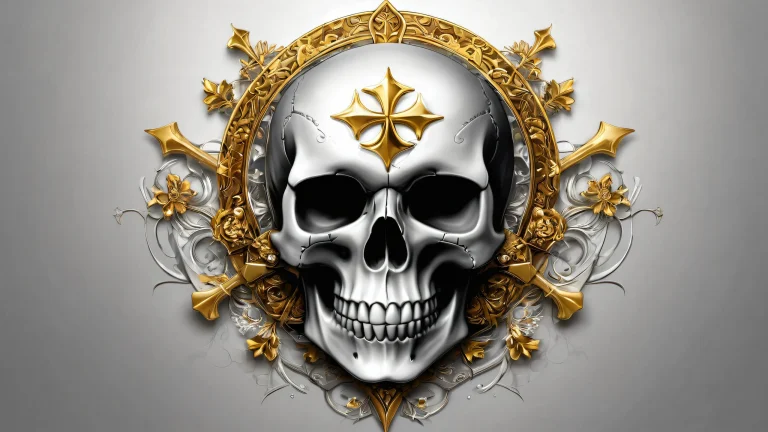 A stunning desktop background featuring a skull with symbols and a band logo set against a vast, 純粋な虚空. Perfect for Desktop/PC use.