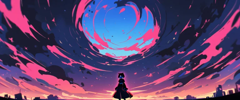 A solo anime girl stands in a vast pure void, looking at the viewer with bright and airy sky in 21:9 panoramic aspect ratio.