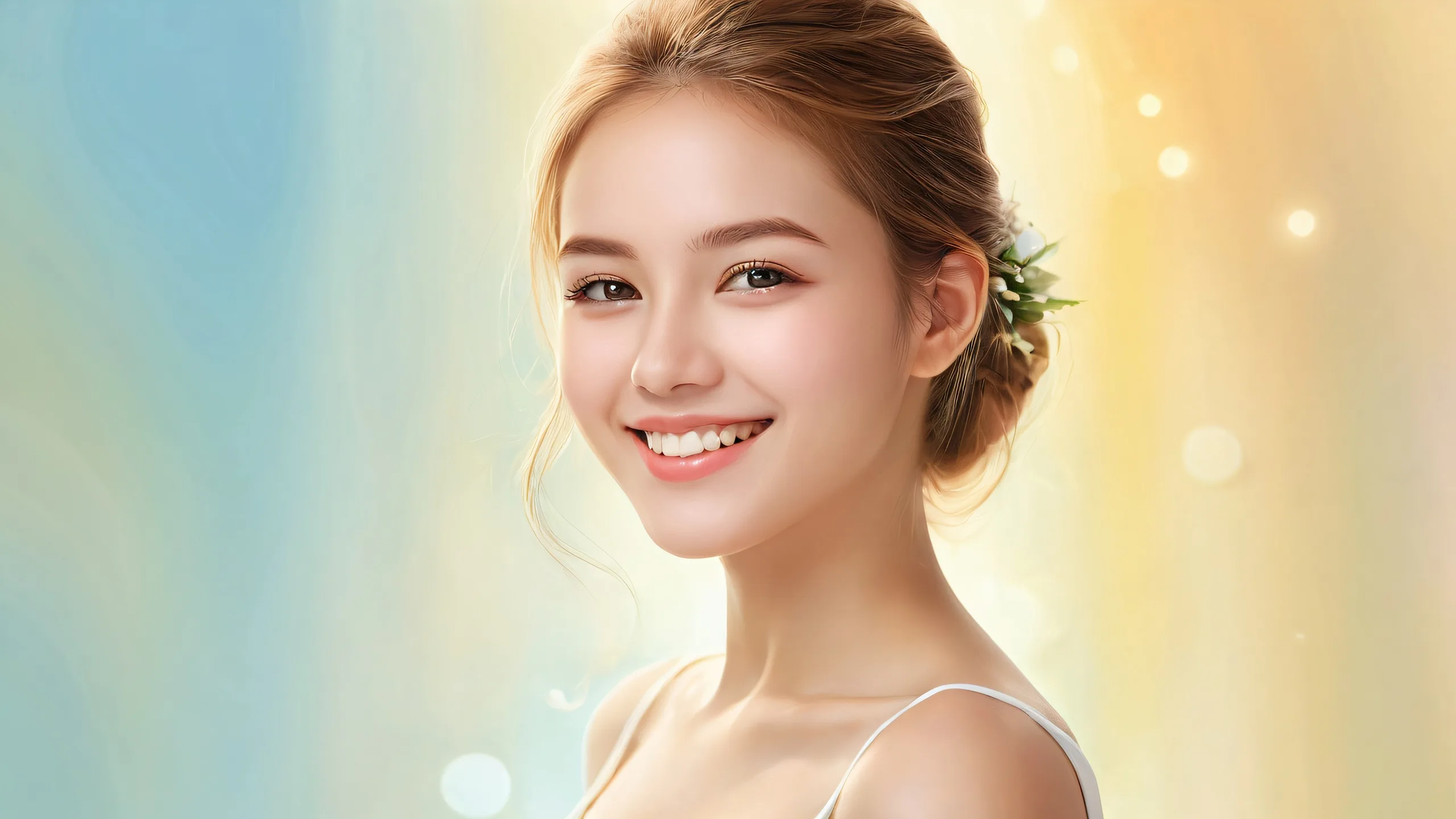 Ethereal Smile in Golden Glow 4K UHD Wallpaper A young woman with a radiant smile on a pristine desktop or PC background featuring ethereal lighting and stunning visuals.