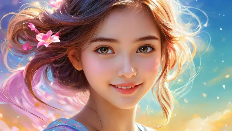 Beautiful girl with radiant smile and stunning hair on a clean void desktop background for PCs
