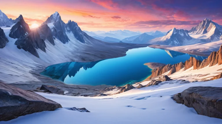 A stunning desktop image of snowy mountains and icy rocks on a pure void background for PC or Desktop use.