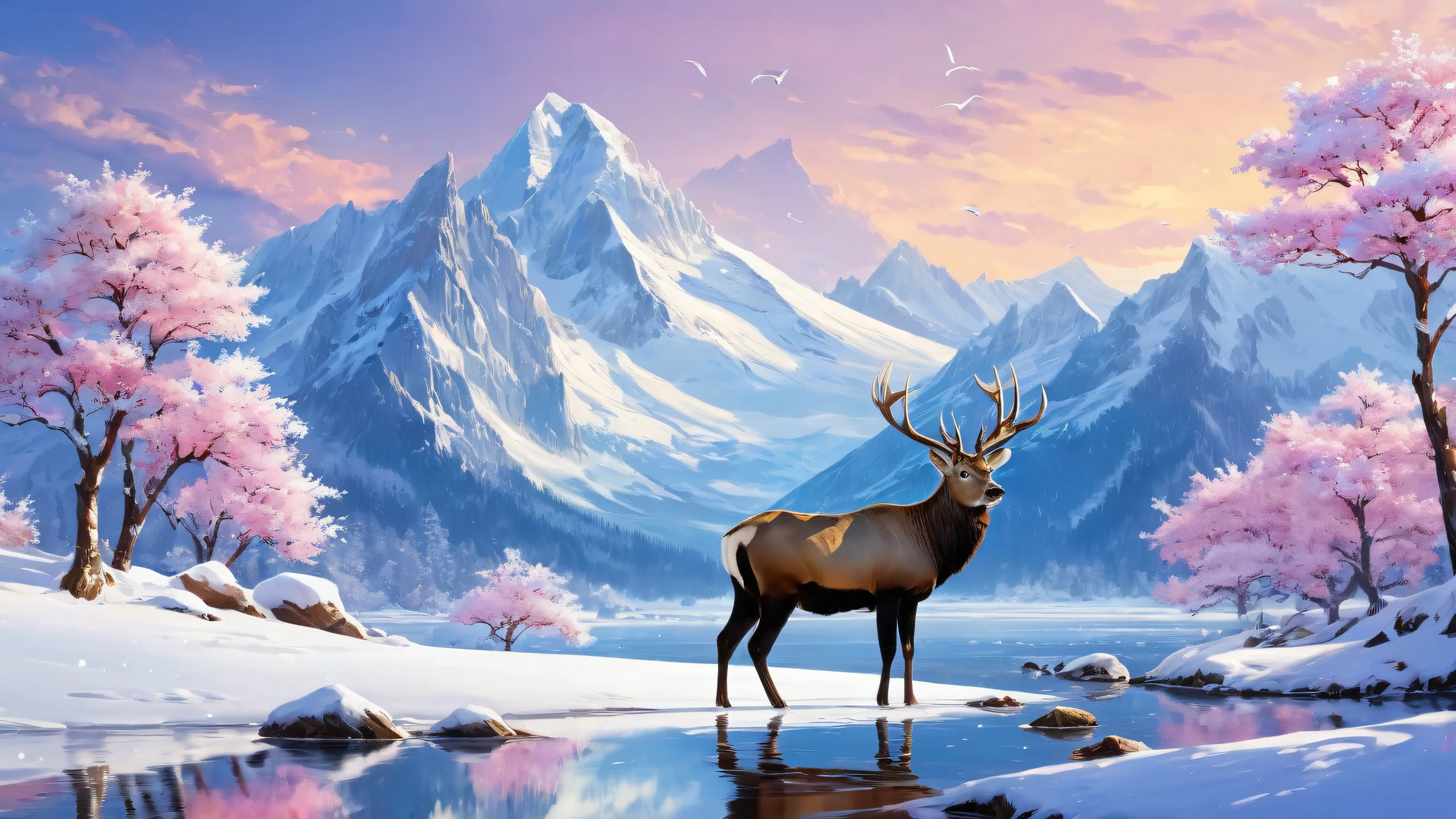 A serene snowy wilderness desktop scene for your PC or Desktop, featuring a vast expanse of pure white with wildlife in the distance.