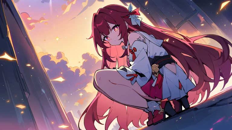 A girl sitting on the edge of a vast, pure void, looking down with a sense of serenity on her Desktop/PC.