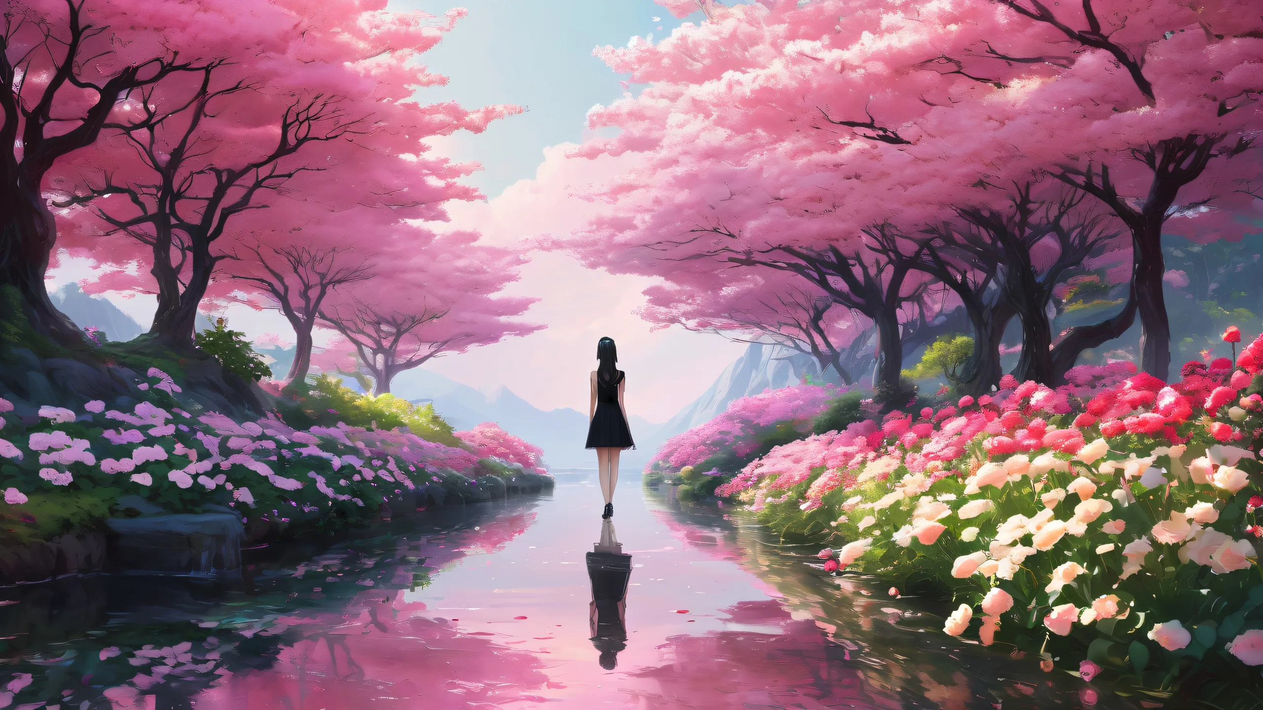 Ethereal Solace in Rose Aesthetic PC Wallpaper A desolate garden with a K-pop idol amidst ethereal lighting and pristine clarity on a desktop/PC.