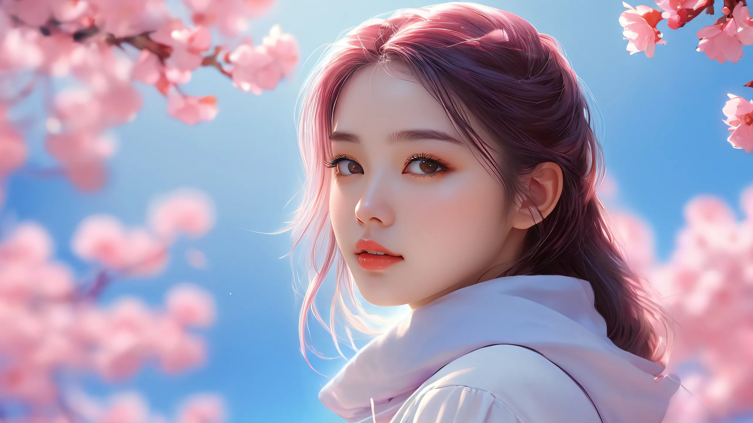 A serene and stunning desktop wallpaper of a single girl amidst a vast pure void, designed for desktop/pc use.