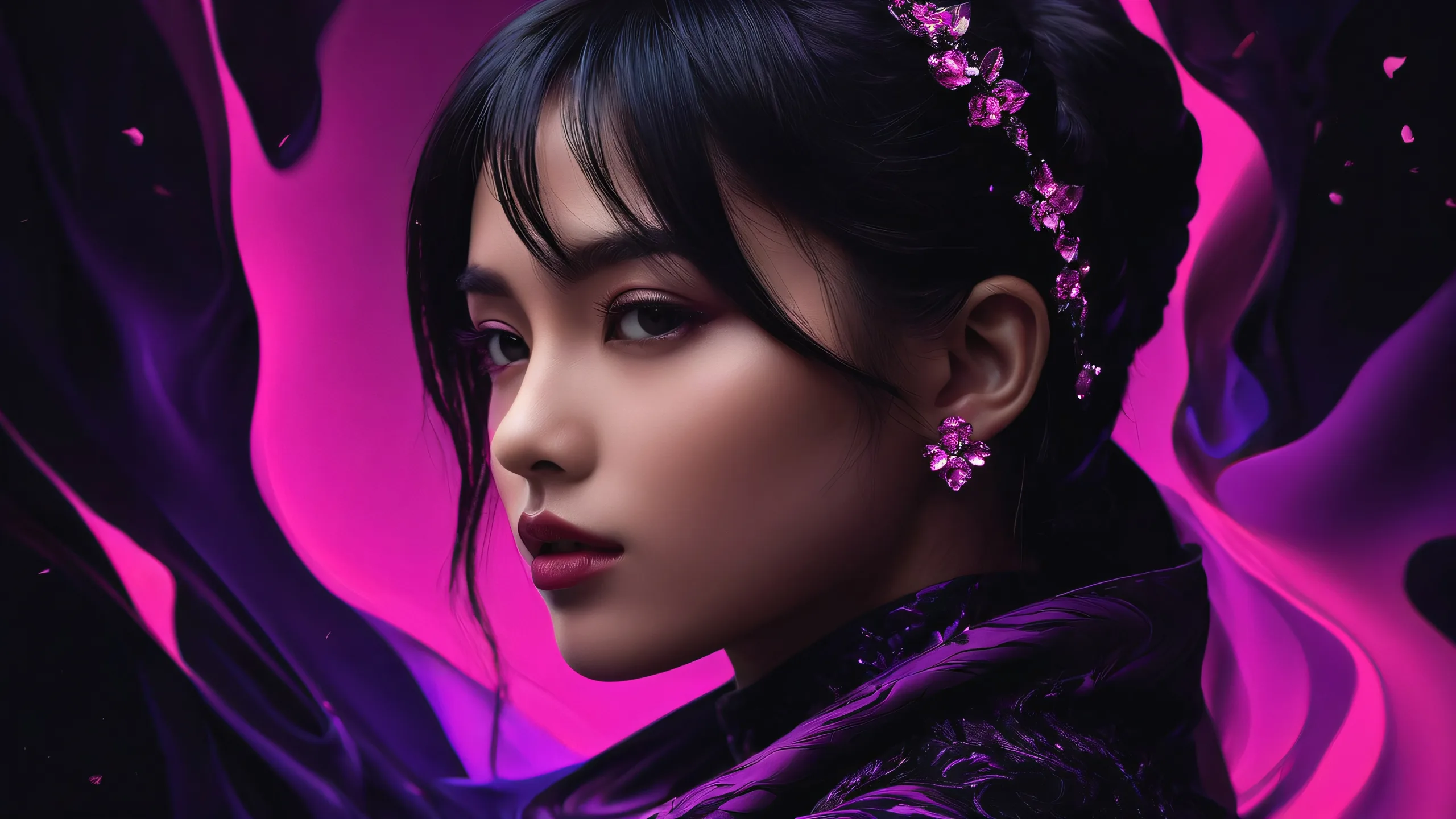 A girl stands alone in a vast, pure void against a deep black background, suitable for a desktop or PC.