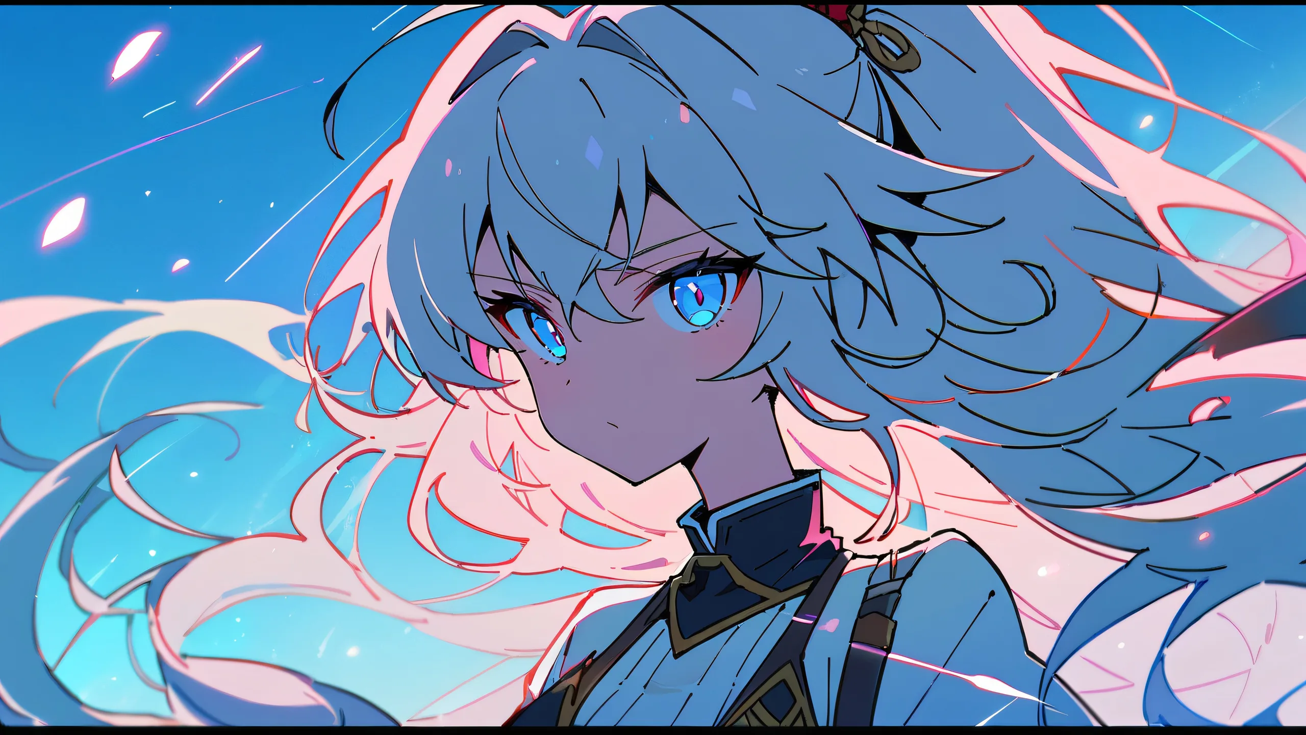 A girl sits in a perfectly clean vast pure void, looking directly at the viewer, with extreme depth of field and stunning ray traced reflections on her desktop/PC.