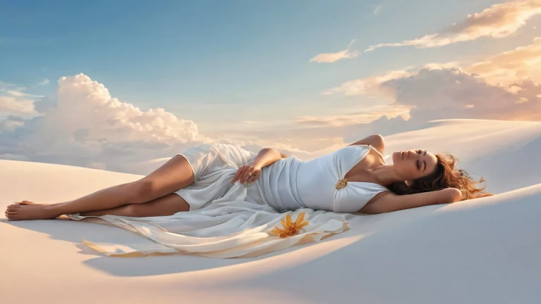 Woman lying on front in a vast, pure void with depth of field, creating a sense of isolation and intimacy for desktop/pc use.