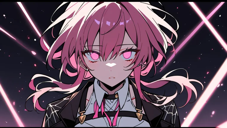 A lone girl gazes into the vastness of space from her desktop/pc, surrounded by deep blues and pastel pinks.