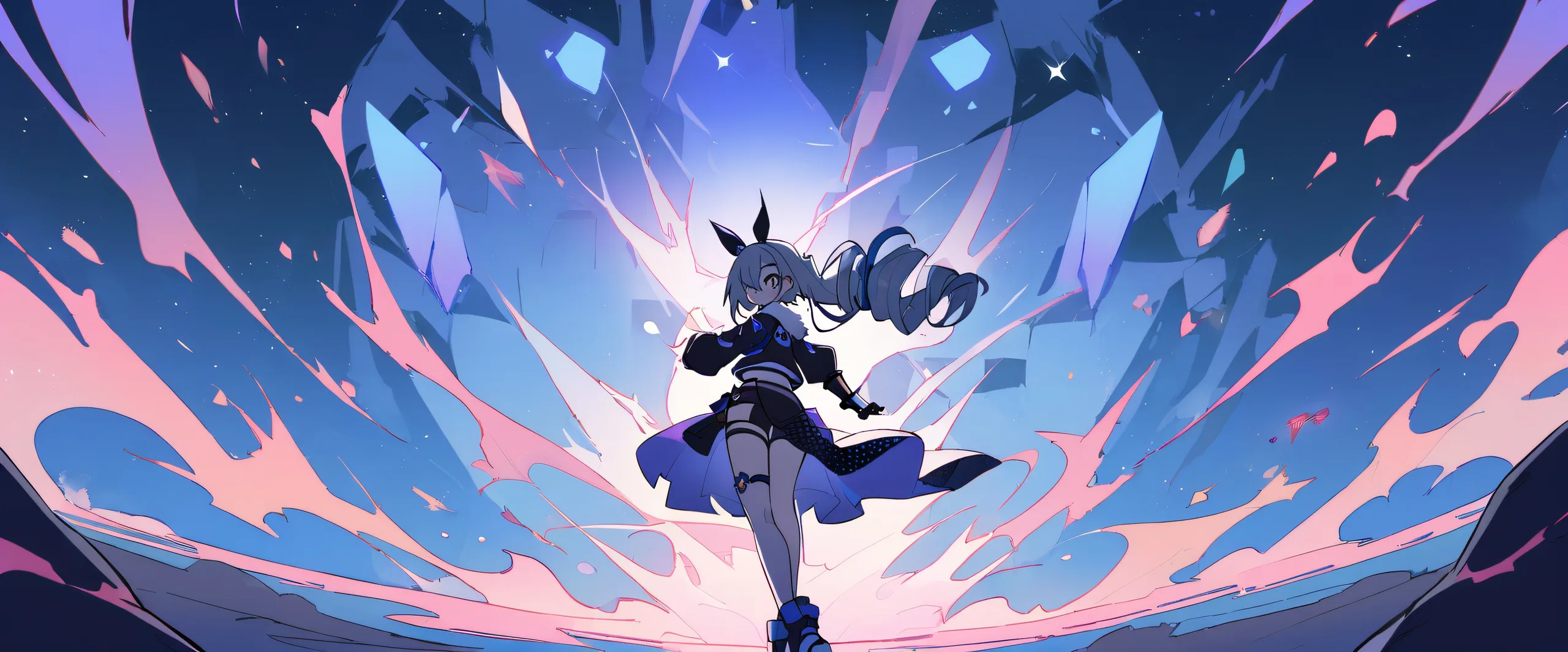 A lone girl stands amidst a vast, pure void, gazing directly at the viewer, her silver wolf companion by her side. Perfect for desktop/pc use.