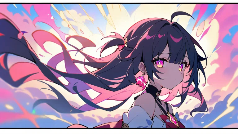 A girl gazes out at the viewer from a perfectly clean vast pure void, surrounded by a beautiful sky with ['Pink', 'Gold'] hues. For Desktop/PC use.