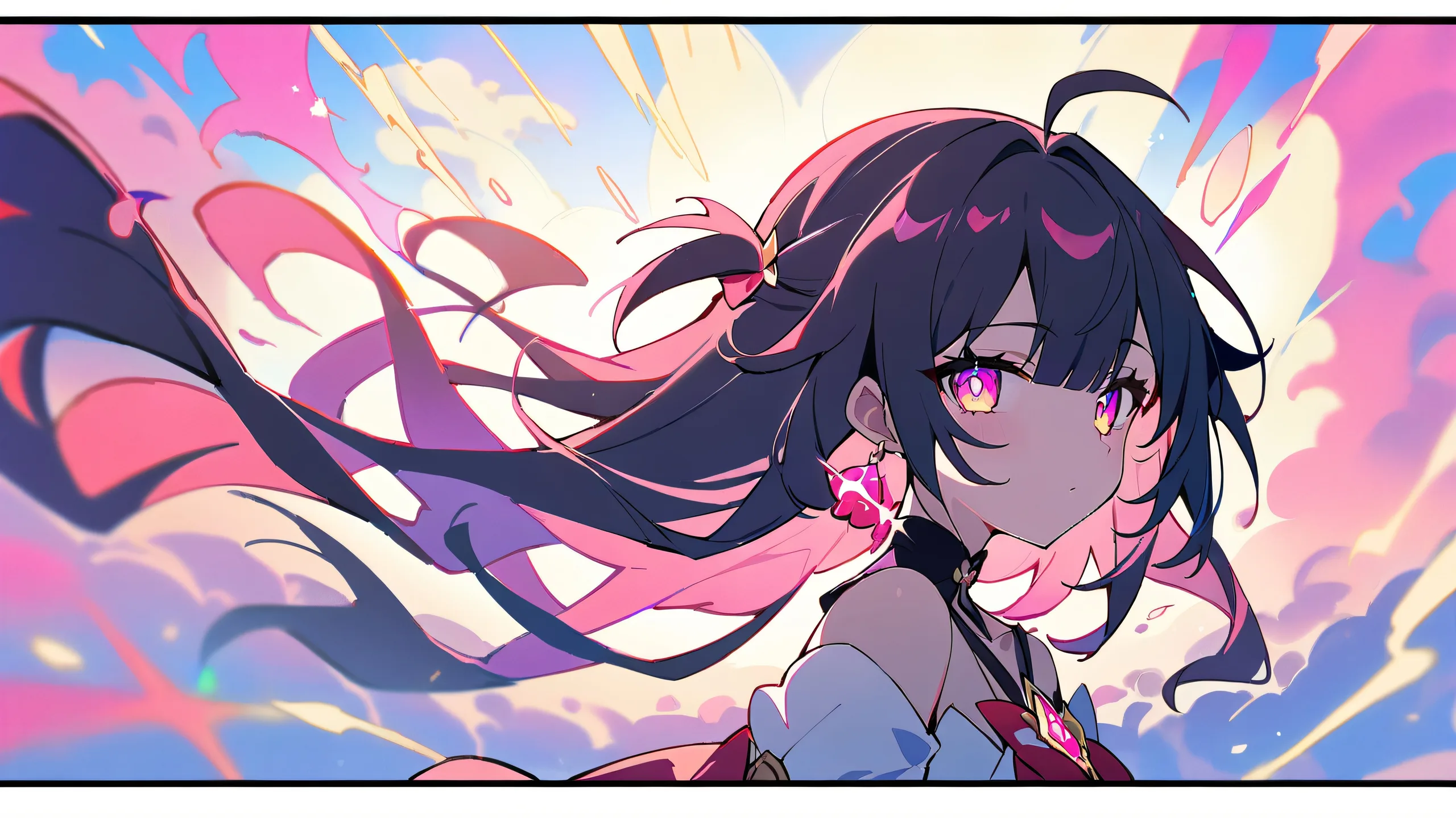 A girl gazes out at the viewer from a perfectly clean vast pure void, surrounded by a beautiful sky with ['Pink','Gold'] hues. For Desktop/PC use.