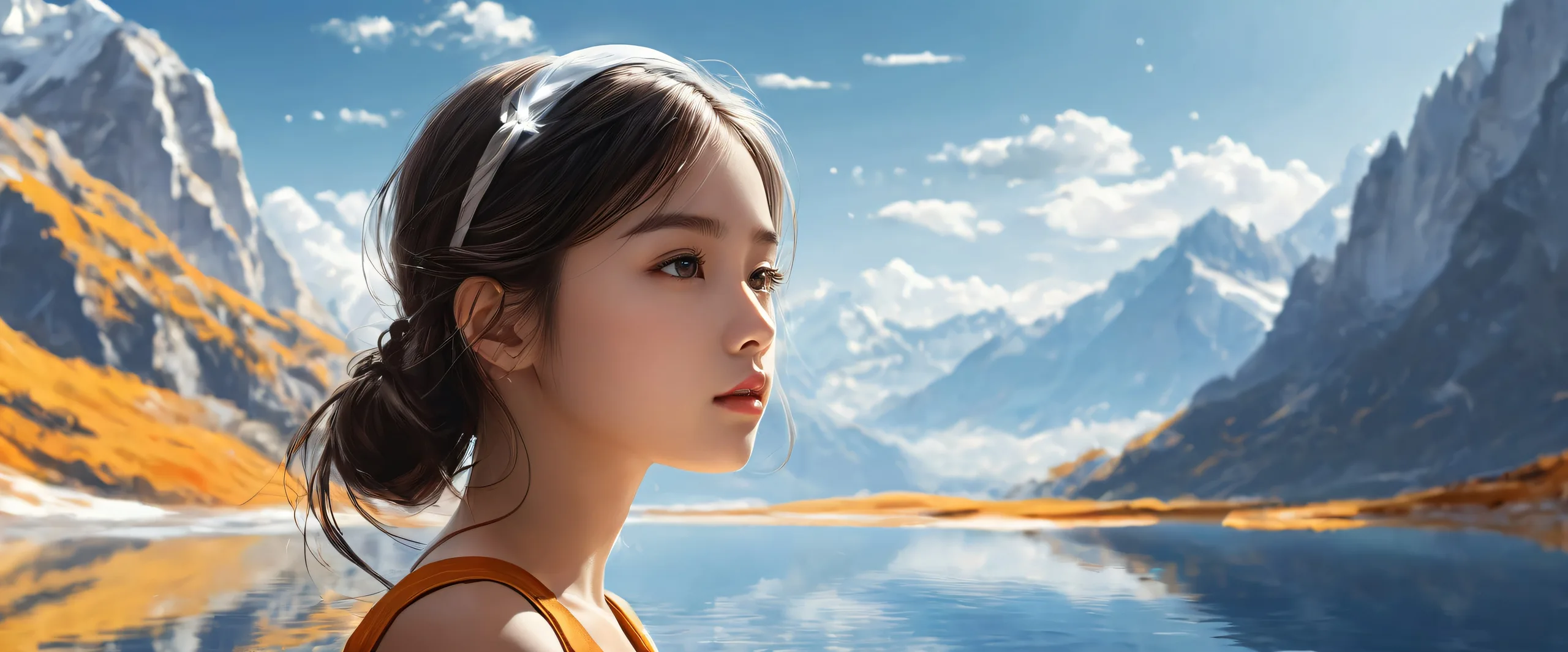 Girl stands alone in a vast, dark void with bright amber accents on her dress, perfect for desktop/pc backgrounds.