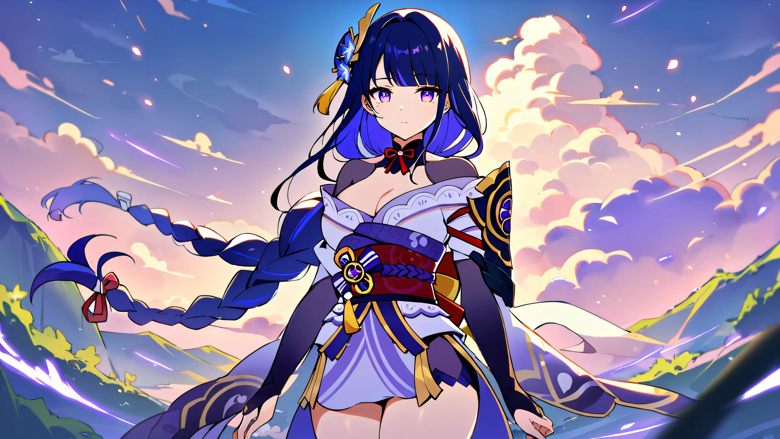 A lone figure, Raiden Shogun from Genshin Impact, stands confidently amidst a vast, pure void on a 16:9 desktop, with extreme depth of field and cinematic lighting.