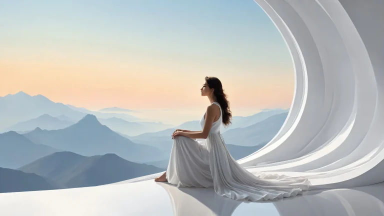 A serene and peaceful desktop wallpaper featuring a solitary woman in a vast pure void, perfect for desktop/pc screens.