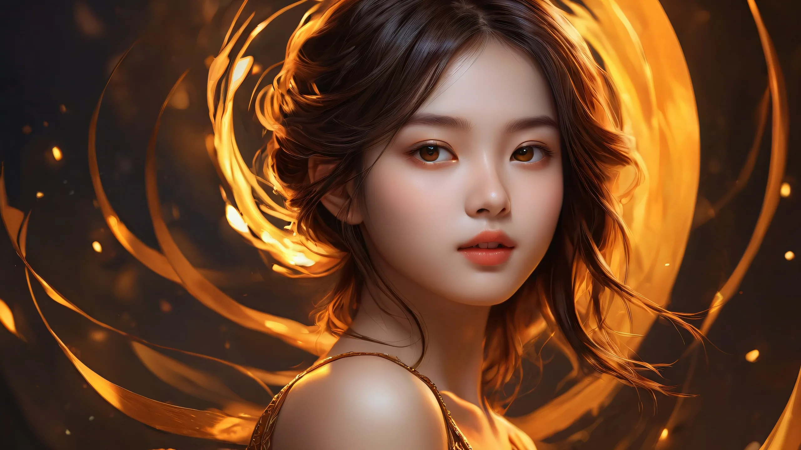 Girl standing in a vast pure void with dark tones and ethereal lighting for desktop/pc