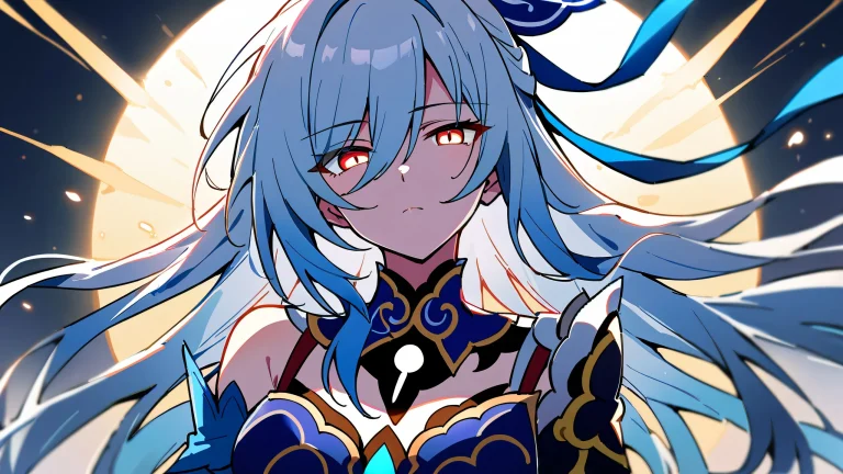 A girl from Honkai: Star Rail looks at the viewer from amidst a perfectly clean, vast, and pure void with an extreme depth of field, set against a bright and airy blue sky.