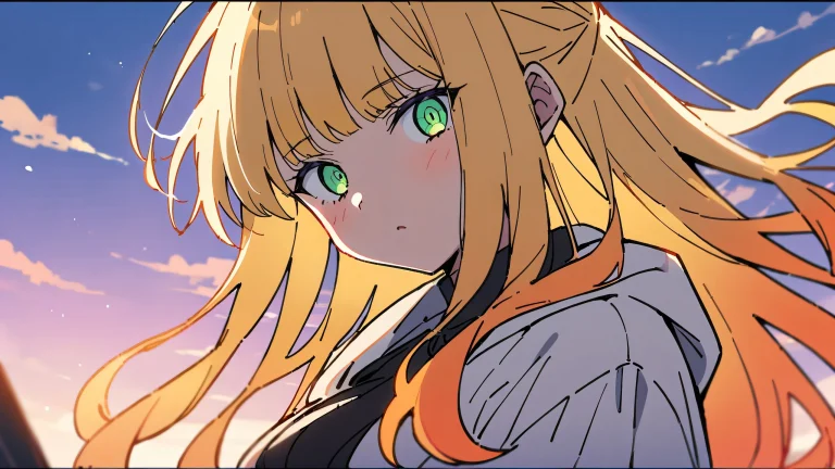 Girl looking at viewer on a perfectly clean vast pure void background with red-orange and blonde accents, suitable for desktop/pc.