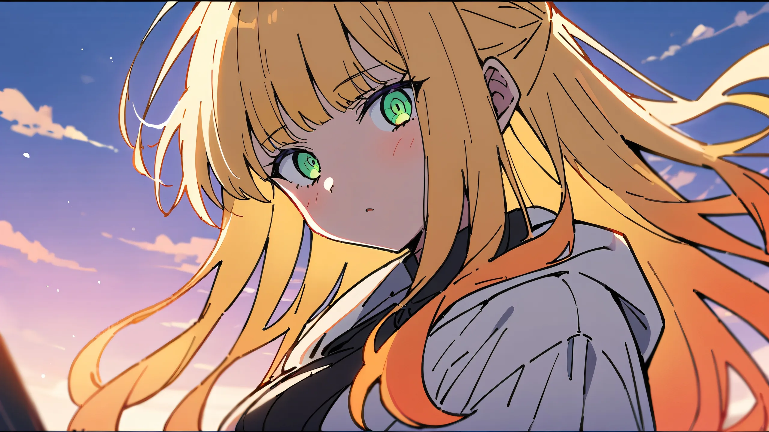 Girl looking at viewer on a perfectly clean vast pure void background with red-orange and blonde accents, suitable for desktop/pc.