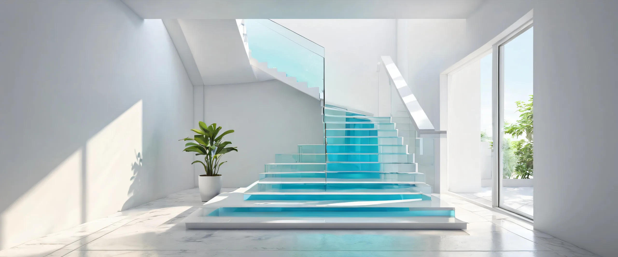 Narrow staircase in a vast, pure void on a desktop or PC, with ethereal lighting and brilliant colors.
