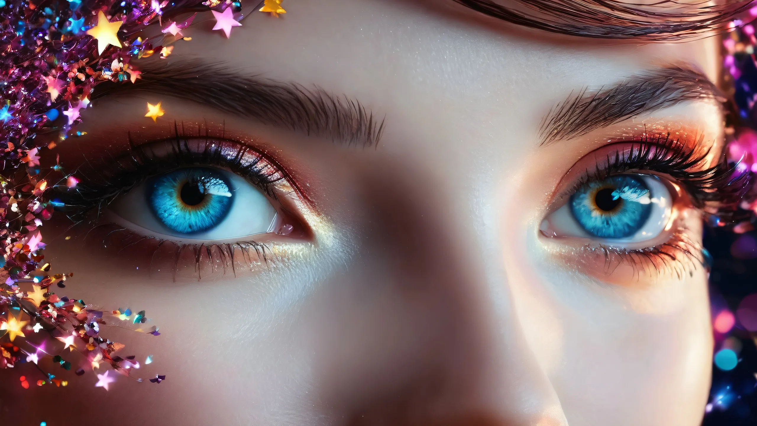 Silhouette of eyes with sparkles against a dark background on a desktop/pc